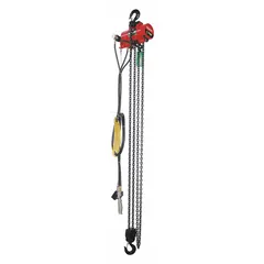Hook-mounted air hoist with 2000 lb lifting capacity and 23 fpm lift speed. Features NPT air connection and swivel hook with safety latch. Suitable for fixed-point lifting and positioning in industrial settings such as manufacturing plants and warehouses.