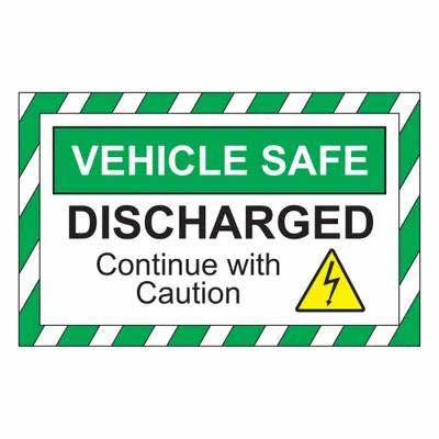 ZING Safety Sign: Plastic, Mounting Holes/Suction Cup Sign Mounting - Vehicle Safe: Discharged / Continue With Caution Electric Vehicle Signs