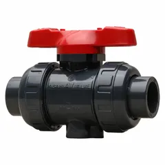 PVC ball valve with straight pattern and socket x socket connections. Tee handle for manual operation. Rated for 150 psi CWP. Used for on/off or flow control in piping systems handling water or corrosive fluids.