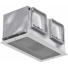 This single-speed ceiling exhaust fan operates at 115V AC with a noise rating of 6 sones. It features a rectangular duct shape and a white metal grille. Typical applications include ventilation for commercial and industrial spaces such as warehouses, factories, and large retail areas.
