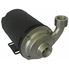 This centrifugal pump features a 304 stainless steel housing and impeller for corrosion resistance. It is powered by a 1 1/2 hp three-phase motor rated for 230/460V AC with an open dripproof enclosure. Typical applications include transferring corrosive fluids in industrial processing and chemical handling.