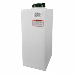 This rectangular vertical liquid storage tank has a 20-gallon capacity and a closed top. It measures 15 inches by 11 inches by 34 inches with a 5-inch fill opening diameter. Suitable for storing non-potable liquids in industrial, agricultural, or commercial settings.