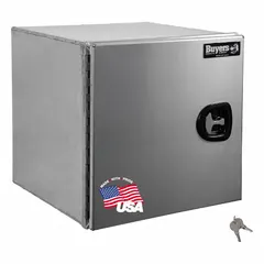 This single barn-door box from BUYERS PRODUCTS is designed for underbody mounting on trucks. It features a silver finish, 18-inch overall depth, and a keyed lock for securing tools and equipment. Suitable for fleet vehicles and worksites requiring organized, weather-resistant storage.