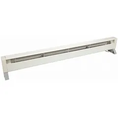 This portable electric baseboard heater delivers 1500W (5120 BtuH) of supplemental heat for residential or light commercial spaces. It operates on 120V AC with a 5-15P plug and includes overheat protection and a safety tip-over switch. The white housing measures 58 in x 8-3/8 in x 6 in.