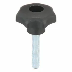 Plastic knob with steel threaded stud. M8 thread, 40 mm diameter, 40 mm thread length. Used for manual adjustment, clamping, and positioning on machinery and fixtures.