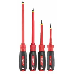 This insulated screwdriver set includes 4 pieces with slotted and square tips, designed for electrical work where protection against accidental contact with live circuits is required. The screwdrivers are tether ready for attachment to a tool lanyard. Suitable for tasks such as installing or repairing electrical panels, outlets, and industrial equipment.