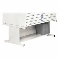 Open base designed to support flat file cabinets in industrial storage setups. Overall depth 41 1/2 in, overall height 20 in. White finish. Provides a stable foundation for organizing drawings and documents