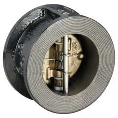 This SSI double-door wafer check valve features a cast iron body and a 5-inch pipe size. Designed for inline installation between flanges, it prevents backflow in piping systems. The double-disc design allows flow in one direction and automatically closes upon flow reversal, suitable for horizontal or vertical mounting.