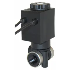 This 2-way, 2-position normally closed solenoid valve features a nylon body and a dust-tight coil enclosure. It operates on 24V DC and has a 1/8 in pipe size. Typical applications include on/off flow control in pneumatic or hydraulic circuits, instrumentation, and laboratory systems.