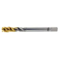 Metric spiral-flute tap for threading blind holes in steel and stainless steel. M8x1.25 thread, D6 shank, 4H-6H tolerance, 3 flutes, modified bottoming chamfer. Lifts chips upward to prevent clogging in deep holes