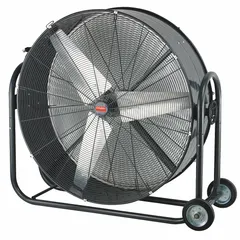 Mobile industrial floor fan with 42-inch blade diameter, 1/2 hp direct-drive motor, and steel construction. Operates on 120V AC. Designed for portable air movement in factories, warehouses, and workshops to cool workers, ventilate spaces, or dry surfaces.
