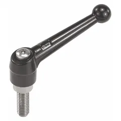 Ball-style adjustable handle with threaded stud. Zinc body with stainless steel thread. Size #10-24, 39 mm length. Used for manual adjustment and clamping in jigs, fixtures, and workholding applications.