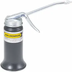 Pistol-grip oil dispenser with 6 fl oz capacity, rigid 5-inch spout, and steel body with powder-coated copper bronze finish. Spout tips include oil cup cap lifter for precise application. Suitable for manual lubrication of machinery, bearings, and chains in industrial maintenance and assembly tasks.