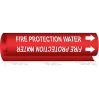 Wrap-around pipe marker with red background and white legend reading 'Fire Protection Water', including directional arrows. Fits pipe outer diameters from 1/2 to 1-3/8 inches. Used to identify fire protection water lines in piping systems