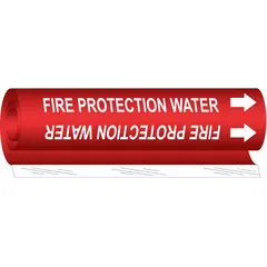 Wrap-around pipe marker with red background and white legend reading 'Fire Protection Water', including directional arrows. Fits pipe outer diameters from 1/2 to 1-3/8 inches. Used to identify fire protection water lines in piping systems.