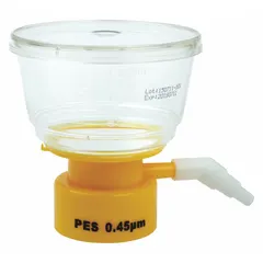 This sterile bottle top filter features a 50 mm diameter PES membrane with 0.45 µm pore size. It includes a stopper for direct attachment to media bottles. Used for laboratory filtration of solutions requiring removal of particles and microorganisms.