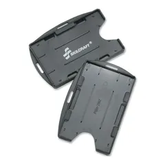 This plastic badge holder features a clip attachment and supports both horizontal and vertical badge orientation. The black background provides contrast for ID cards. Suitable for use in office, industrial, or facility settings where badge display and quick attachment are required.