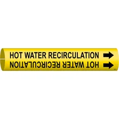 Yellow snap-on pipe marker with black legend reading 'Hot Water Recirculation' and directional arrows. Fits pipe outer diameters from 2-1/2 to 3-7/8 inches. Used to identify hot water recirculation lines in piping systems, supporting facility safety and compliance with labeling standards.