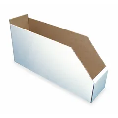 This light-use cardboard shelf bin measures 6 1/4 in by 8 1/2 in and is white. It contains 30-45% recycled content and is not electrostatic discharge conductive. Dividers are not included. Suitable for organizing small parts, supplies, or documents on shelves or workbenches in warehouses, offices, and light industrial settings.