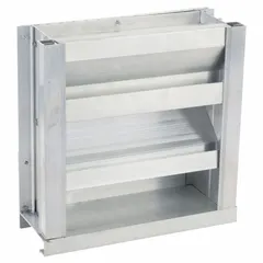 This drainable stationary-blade louver is designed for intake applications in commercial and industrial ventilation systems. It features a recess mount and a hat channel design, with a maximum air velocity of 3000 fpm. The louver allows air intake while draining rainwater, making it suitable for exterior wall openings requiring weather protection.