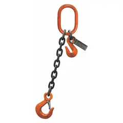 This single-leg chain sling features Grade-100 alloy steel construction with a 9/32 in chain size and an adjustable-length design. It includes a sling hook for secure attachment. Used for overhead lifting and rigging in industrial environments such as construction, manufacturing, and warehousing.