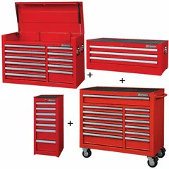 This heavy-duty combination unit includes a top chest, intermediate chest, side cabinet, and rolling cabinet with 34 drawers. It features keyed locks and ball-bearing drawer slides. Overall dimensions are 57-1/2 in W x 19 in D x 82-3/4 in H. Suitable for organizing tools and parts in workshops, garages, and maintenance facilities.