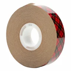 3M 924 is a reverse-wound adhesive transfer tape with a permanent-bond acrylic adhesive on a kraft paper liner. The tape is 2 mil thick, 3/4 inch wide, and 36 yards long, supplied in a 48-pack. It is used for bonding plastics, foams, and metals in industrial assembly, signage, and gasketing applications.