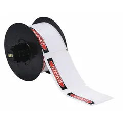 White vinyl label roll with DANGER header, measuring 2 1/4 in x 3 in, featuring acrylic adhesive. Contains 300 labels per roll, compatible with BBP30 printer series. Used for industrial safety identification on equipment or areas requiring a danger warning.