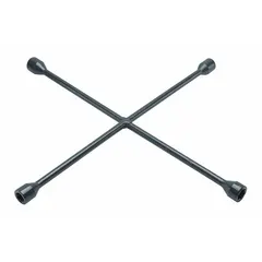 This cross lug wrench features four 6-point wrench heads in sizes 17 mm, 3/4 in, 13/16 in, and 7/8 in, suitable for standard lug nuts on RVs. The electrostatic paint finish provides corrosion resistance. No leverage bar hole is included.