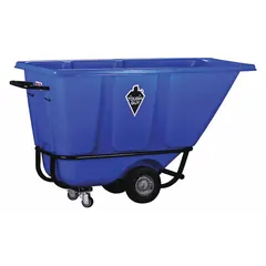 Steel-reinforced plastic tilt truck with 13.5 cu ft capacity and 850 lb load rating. Measures 65 in L x 29 1/2 in W x 36 in H. Blue flat body with (2) swivel casters for maneuverability. Used for transporting bulk materials, waste, or parts in industrial and warehouse settings.