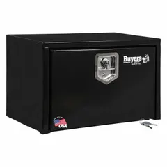This single drop-down door box from BUYERS PRODUCTS is designed for underbody mounting on trucks and commercial vehicles. It features a black finish, 15-inch overall depth, and a keyed lock for secure storage of tools and equipment.