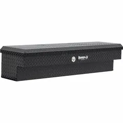 Aluminum side-mount truck box with gloss black finish. Overall height 13 inches, overall width 36 inches. Push-button latch for secure closure. Designed for organized storage of tools and equipment in pickup trucks.