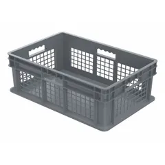 This plastic vented-wall solid-bottom straight-wall container measures 23 3/4 in x 15 3/4 in x 8 1/4 in and is stacking capable. The vented walls allow airflow while the solid bottom contains small items. It is used for storage and transport of parts and materials in industrial environments.
