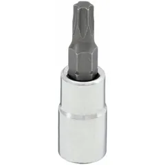 This Torx bit socket features a T27 tip size and a fixed insert design. With an overall length of 1 1/2 inches, it is suited for driving T27 Torx fasteners in assembly, maintenance, and repair tasks.