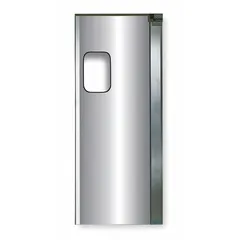 Single-leaf insulated swinging door constructed of aluminum and zinc with a gray finish. Includes a polycarbonate window, bumpers, and mounting hardware; door seals are not included. Suitable for applications requiring thermal separation and visibility, such as walk-in coolers, freezers, and clean rooms.