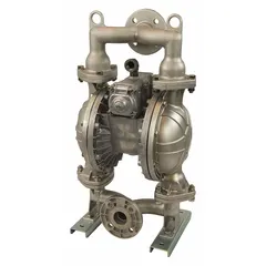 This air-operated double-diaphragm pump features a stainless steel housing with a 2-inch flange connection and a flow capacity of 160 gpm. It is equipped with Santoprene seats and check valves, making it suitable for transferring fluids in industrial applications such as chemical processing, wastewater treatment, and general plant maintenance.