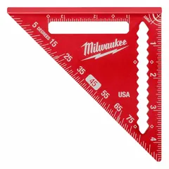 Aluminum rafter square with etched inch markings. Features 1/4 in by 3/8 in center-to-edge heel width. Graduations: 1/16 in on top edge, 1/8 in on top face. Used for layout and marking on rafters, stairs, and framing in construction and carpentry.