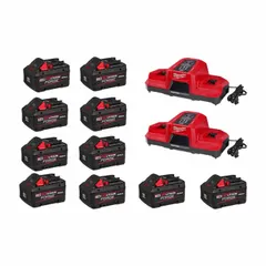 This kit includes ten M18 8 Ah batteries and two chargers, operating at 18 VDC. The batteries feature an oil-resistant housing for durability in harsh environments. Each battery delivers high capacity for prolonged tool use in cordless power tools such as drills, saws, and impact wrenches.