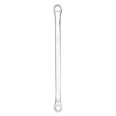 This double-end box end wrench features 12-point openings for 7 mm and 9 mm metric fasteners. The offset design provides clearance when turning nuts or bolts in recessed areas. Made of alloy steel with a satin finish, it is suited for general maintenance and repair tasks.