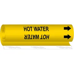 Yellow wrap-around pipe marker with black 'Hot Water' legend and directional arrows. Fits pipe outer diameters from 2-1/2 to 7-7/8 inches. Used to identify hot water piping in industrial and commercial facilities, indicating flow direction for safety and maintenance.