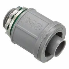 Straight, non-insulated plastic liquid-tight conduit fitting with 3/4 in trade size and 3/4" MNPT connection. Made of gray nylon, it is UL listed for use with nonmetallic conduit, boxes, and enclosures. Suitable for connecting and sealing conduit in wet or corrosive environments.