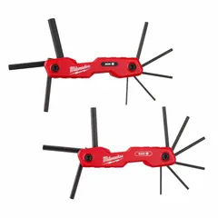 This folding hex key set includes 5 pieces with both metric and SAE sizes, featuring standard ends and a black oxide finish. The keys are housed in a folding holder for compact storage and quick access. Commonly used for tightening or loosening hex socket screws and bolts in mechanical assembly, maintenance, and repair tasks.