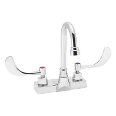 Centerset bathroom faucet with gooseneck spout, constructed of brass with a chrome finish. Flow rate is 0.5 gpm. Suitable for use with residential or commercial washbasins.