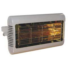 This 1500W, 120V AC, single-phase hardwired infrared heater uses a quartz lamp element with a 45° beam pattern for directional spot heating. The silver aluminum housing measures 16 x 10 x 6 inches. Suitable for indoor or outdoor suspended wall mounting in commercial or industrial spaces such as warehouses, loading docks, patios, and workshops.
