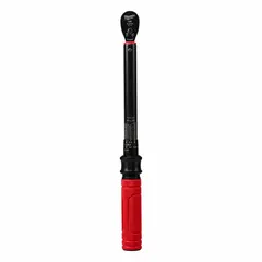 This 3/8 in drive ratcheting micrometer torque wrench provides a torque range of 20 ft-lb to 100 ft-lb with an overall length of 16 1/16 in. It is used for tightening fasteners to a specified torque in automotive, industrial, and mechanical applications where accuracy is required.