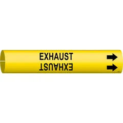 Yellow pipe marker with black 'Exhaust' legend and directional arrows. Fits pipe outer diameters from 1-1/2 to 2-3/8 inches. Used to identify exhaust lines in industrial piping systems for safety and maintenance.