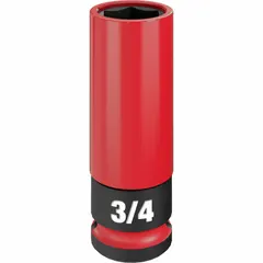 SAE 6-point deep socket with friction retention for secure engagement on hex fasteners. 3/4 in socket size. Non-marring design protects wheel surfaces during lug nut removal and installation in automotive and industrial maintenance.