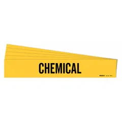 Yellow adhesive pipe marker with black 'Chemical' legend, designed for pipe outer diameters from 2-1/2 to 7-7/8 inches. Pack of 5 markers without directional arrows. Used to identify chemical piping systems in industrial facilities, aiding in safety and compliance with pipe marking standards.