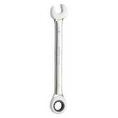 This 1/2 in SAE 12-point ratcheting combination wrench is constructed from alloy steel with a chrome finish. The 7 in overall length provides leverage for tightening or loosening fasteners in automotive repair, machinery maintenance, and general industrial assembly. The ratcheting box end allows faster work in tight spaces without repositioning the tool.