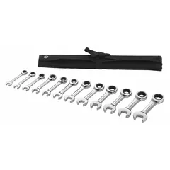 This set includes 12 metric combination wrenches with 12-point ratcheting box ends for faster fastener engagement. Head sizes range from 8 mm to 19 mm. The alloy steel tools have a chrome finish and are supplied in a storage pouch. Suitable for tightening and loosening metric fasteners in automotive, machinery, and industrial applications.